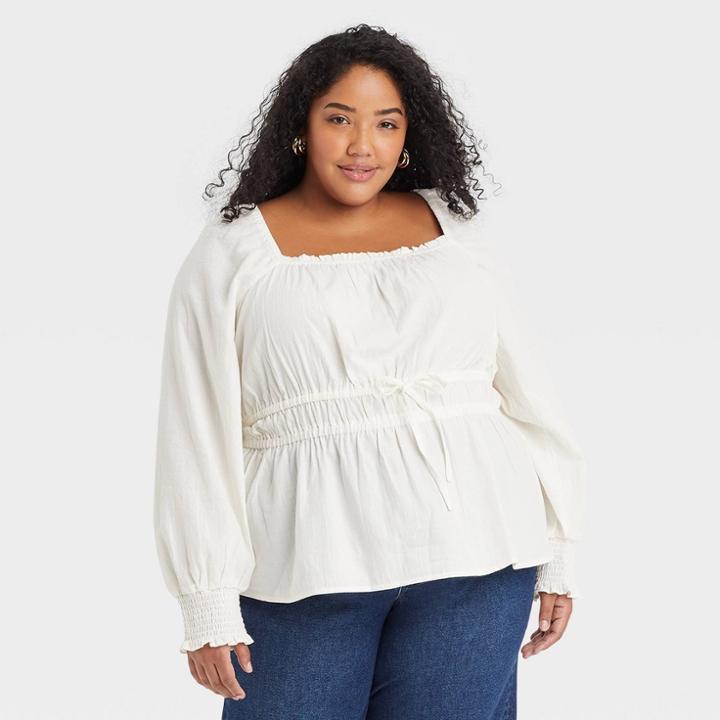 Women's Plus Size Long Sleeve Peplum Top - Ava & Viv Cream