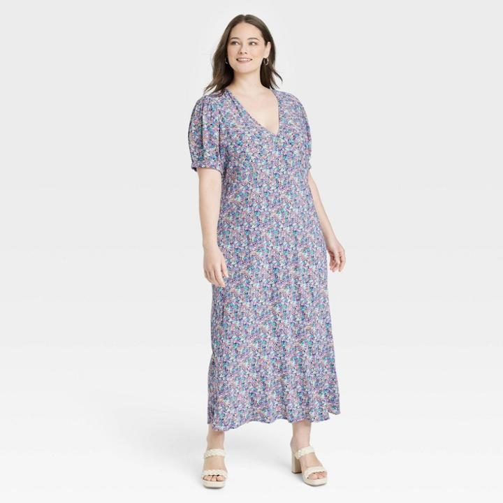 Women's Plus Size Puff Short Sleeve Dress - A New Day Floral