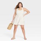 Women's Plus Size Sleeveless Crossback Linen Romper Dress - A New Day White