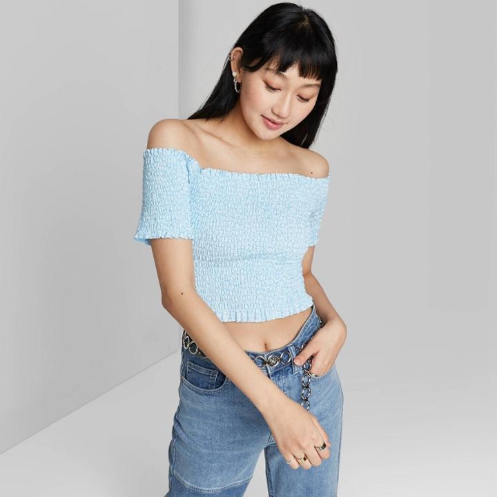 Women's Short Sleeve Over The Shoulder Cropped Smocked Top - Wild Fable Blue Floral