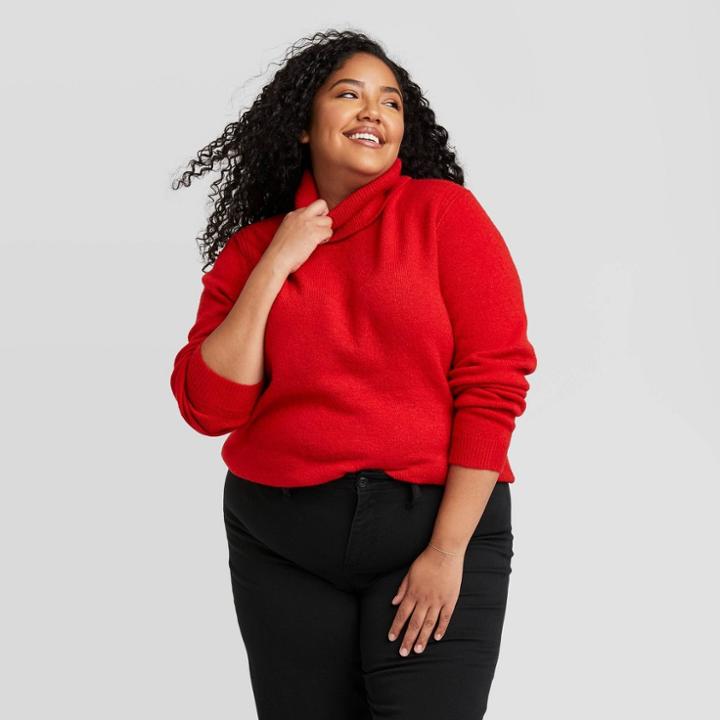 Women's Plus Size Turtleneck Pullover Sweater - A New Day Red