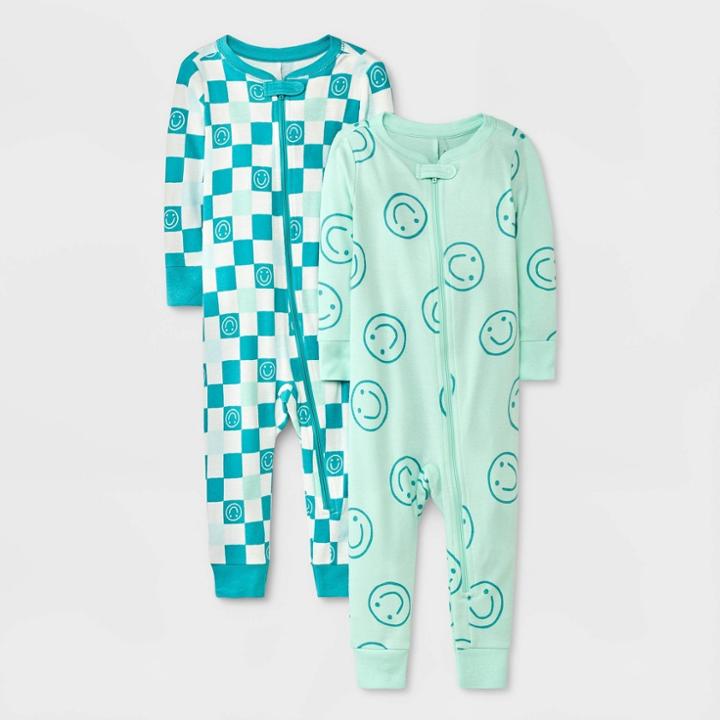Baby Girls' 2pk Smile & Check Tight Fit Pajama Romper - Cat & Jack Green