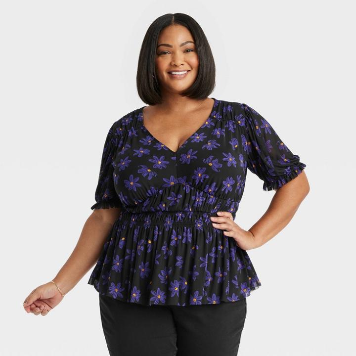 Women's Slim Fit Puff Elbow Sleeve V-neck Mesh Top - Ava & Viv Blue Floral