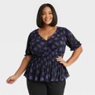 Women's Slim Fit Puff Elbow Sleeve V-neck Mesh Top - Ava & Viv Blue Floral