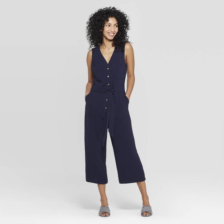 Women's Sleeveless V-neck Button Front Jumpsuit - A New Day Navy (blue)