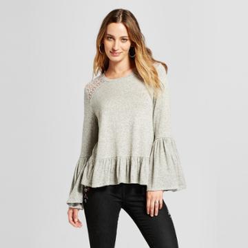Johnpaulrichard Women's Long Sleeve Lace Shoulder Knit Blouse With Bellsleeve - John Paul Richard Gray