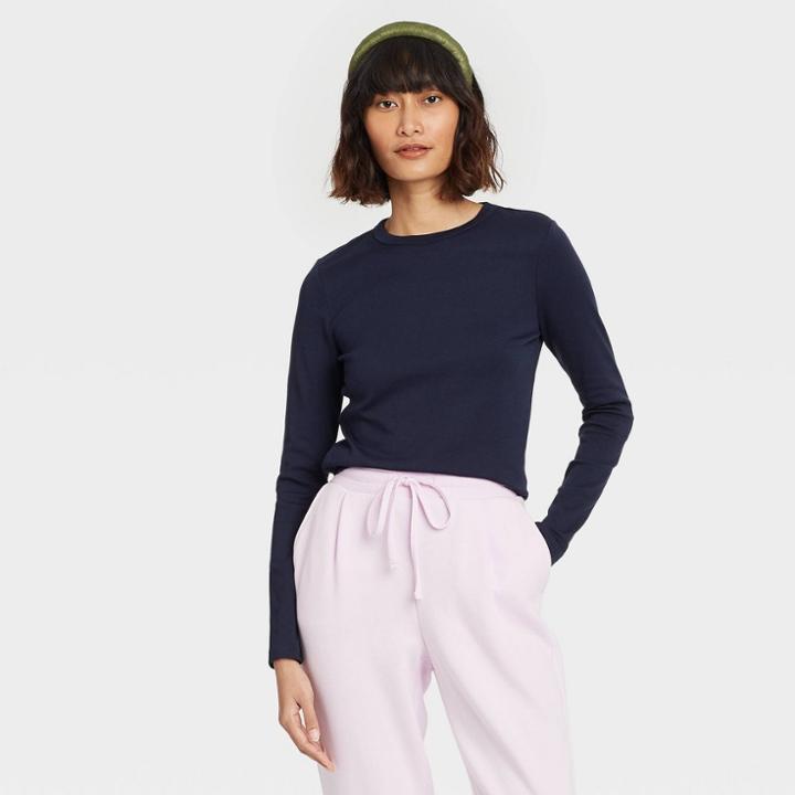 Women's Long Sleeve T-shirt - A New Day Navy