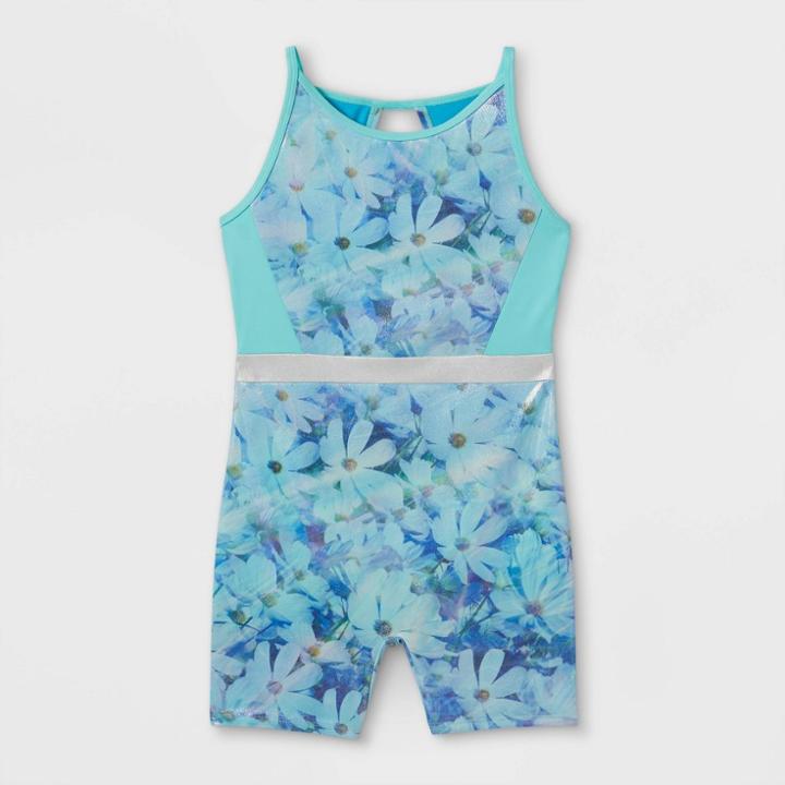 Girls' Floral Foil Gymnastics Biketard - Cat & Jack Aqua