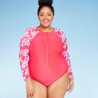 Women's Plus Size Long Sleeve One Piece Rashguard - All In Motion Red Floral