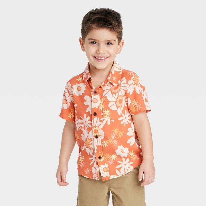 Toddler Boys' Short Sleeve Challis Button-down Shirt - Cat & Jack Brown