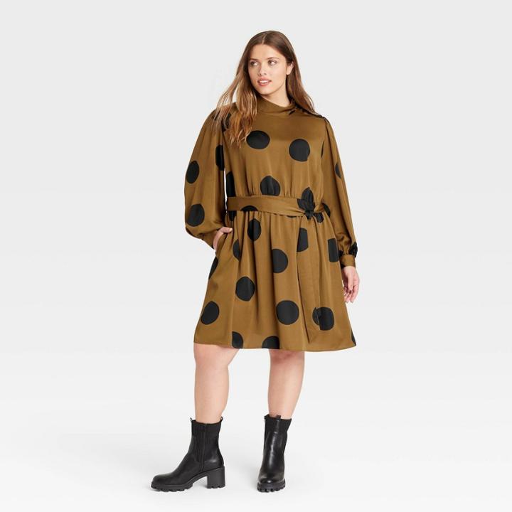 Women's Plus Size Long Sleeve A-line Dress - Who What Wear Brown Polka Dots