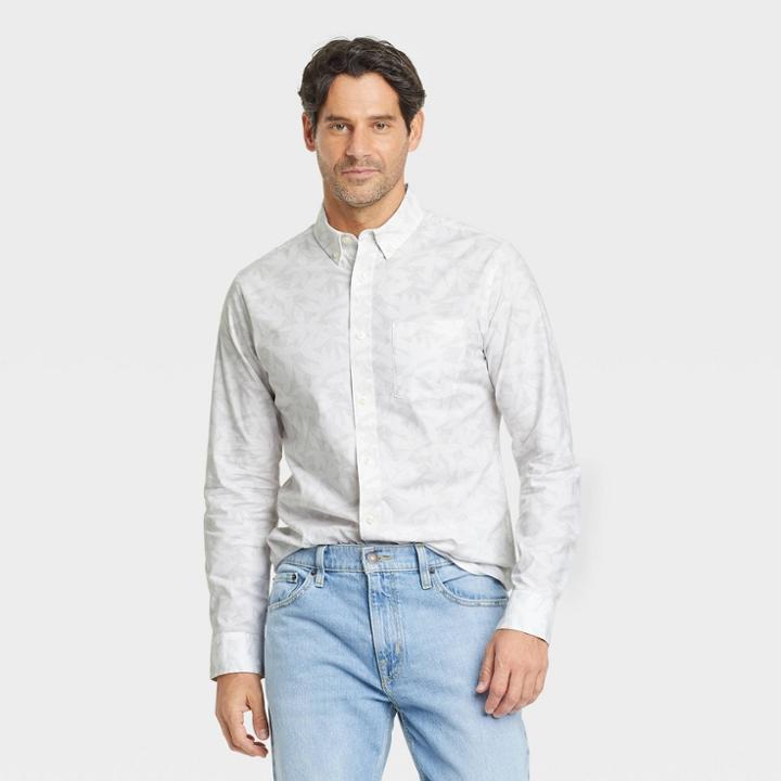 Men's Printed Slim Fit Long Sleeve Button-down Shirt - Goodfellow & Co Off-white/leaf