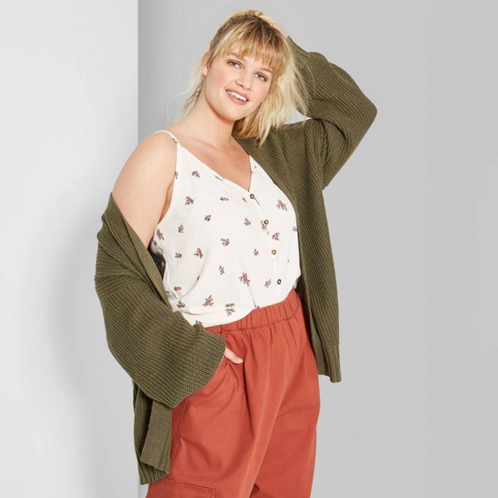 Women's Plus Size Long Sleeve Boxy Cardigan - Wild Fable Olive
