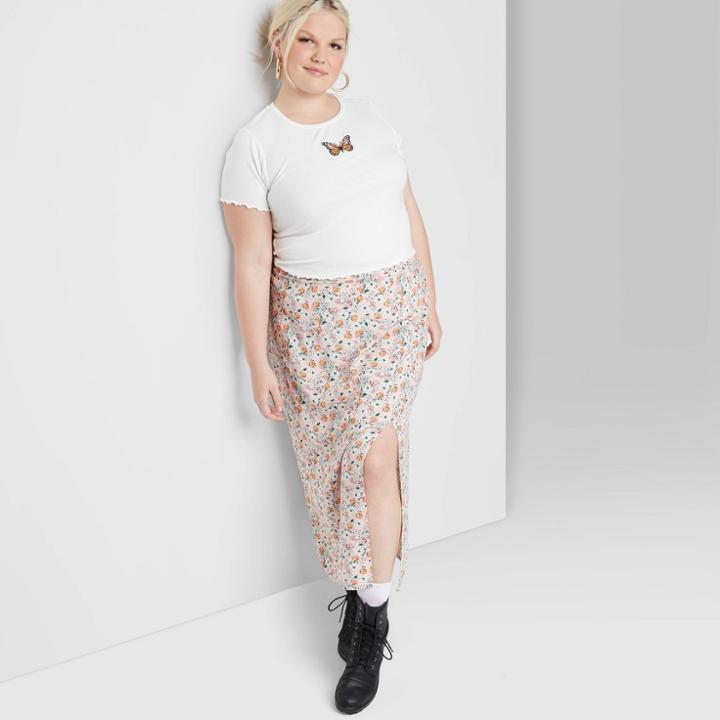 Women's Plus Size Floral Print High-rise Side Slit Skirt - Wild Fable Coral