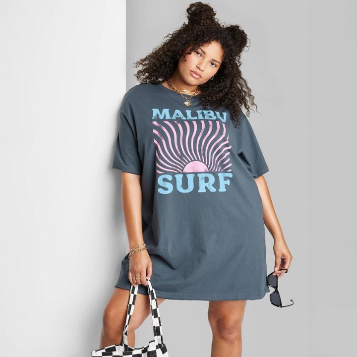 Women's Plus Size Ascot + Hart Malibu Surf Short Sleeve Graphic Boyfriend T-shirt Dress - Gray