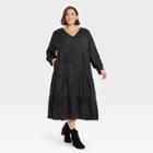 Women's Plus Size Leopard Print Long Sleeve Tiered Dress - A New Day Black