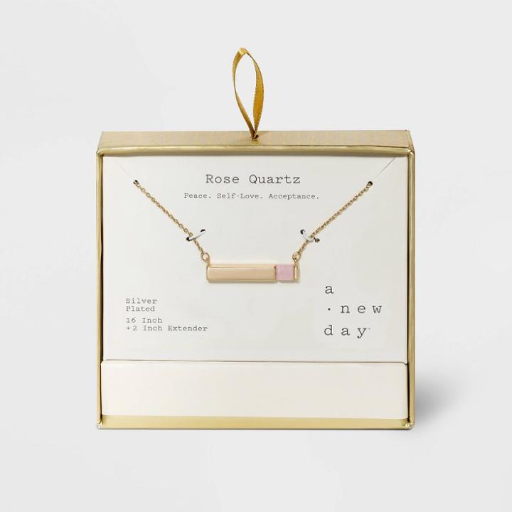 Semi-precious Rose Quartz Horizontal Bar Necklace - A New Day Pink