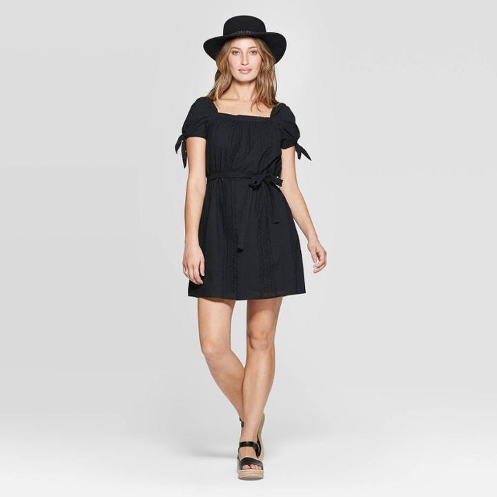 Women's Tie Short Sleeve Square Neck Midi Eyelet Dress - Universal Thread Black