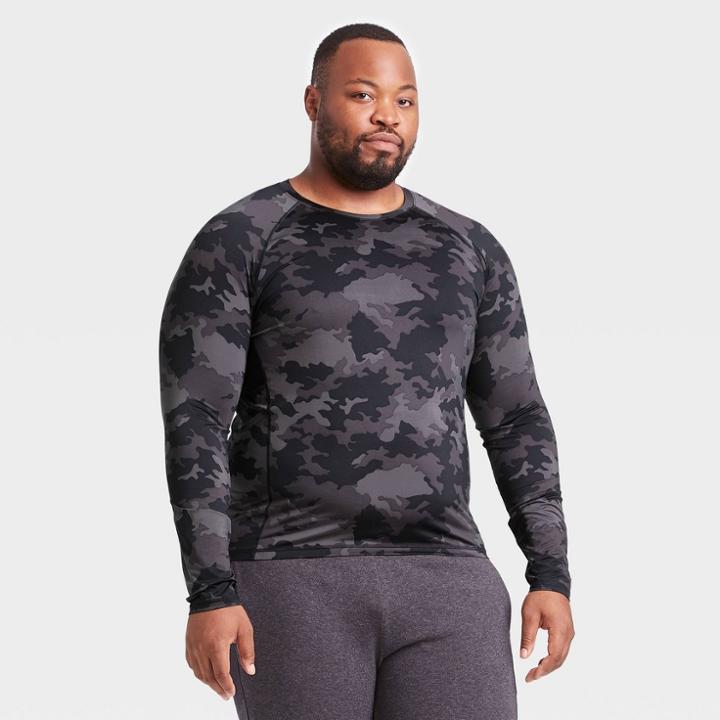 Men's Long Sleeve Fitted T-shirt - All In Motion Black Camo Print S, Men's, Size: Small, Black Green Print