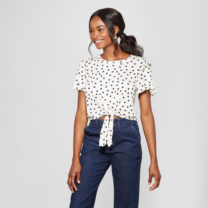 Women's Polka Dot Short Sleeve Tie Front Ruffle Shoulder Top - Lily Star (juniors') Ivory