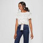 Women's Polka Dot Short Sleeve Tie Front Ruffle Shoulder Top - Lily Star (juniors') Ivory