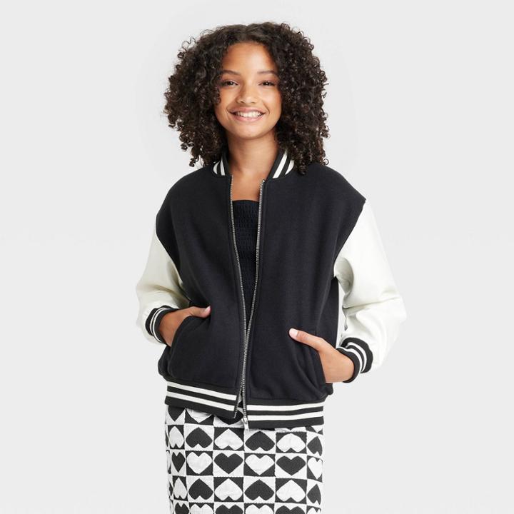 Girls' Varsity Bomber Jacket - Art Class Black/white