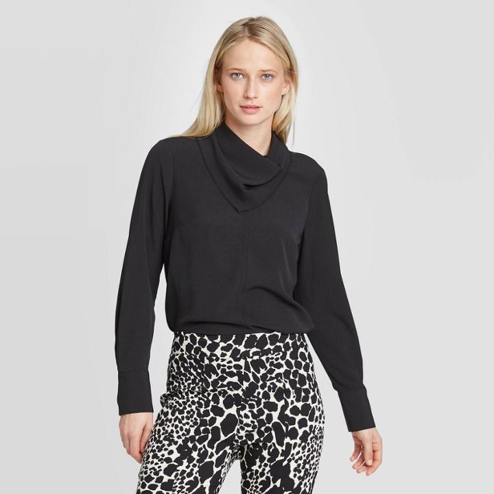 Women's Long Sleeve Scarf Crewneck Blouse - Who What Wear Black
