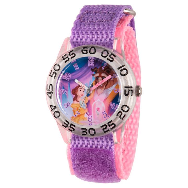 Girls' Disney Princess Belle And Beast Clear Plastic Time Teacher Watch - Purple