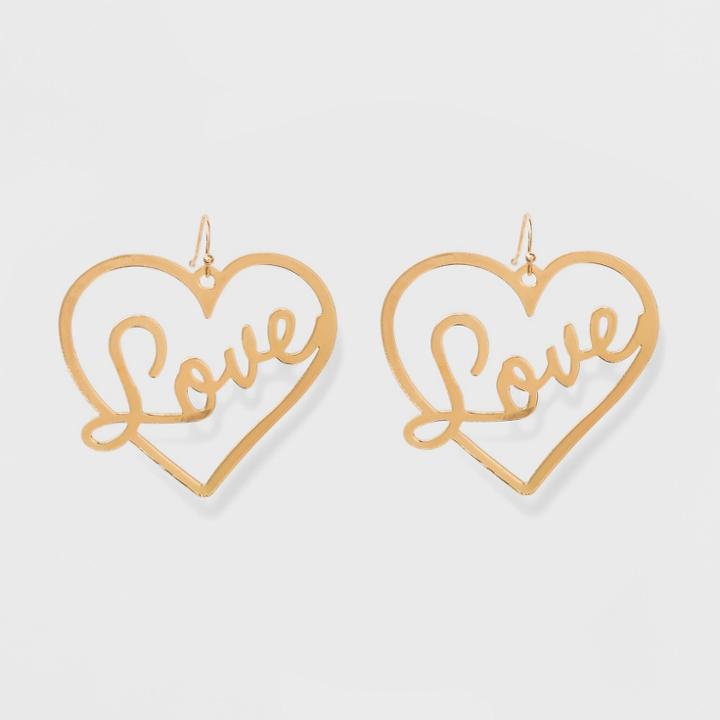 Open Heart Shape Drop With Scripted Love Earrings - Wild Fable Gold