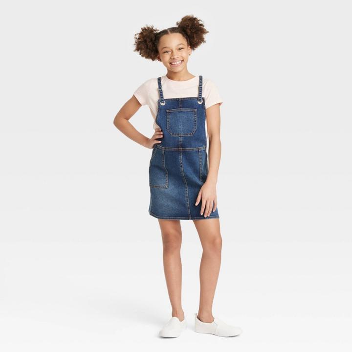 Girls' Skinny Strap Jeans Skirtall - Cat & Jack Dark Wash