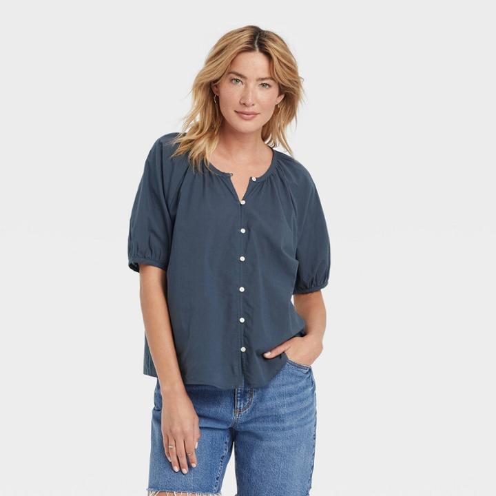 Women's Puff Short Sleeve Button-front Blouse - Universal Thread Navy Blue