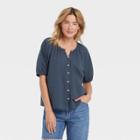 Women's Puff Short Sleeve Button-front Blouse - Universal Thread Navy Blue
