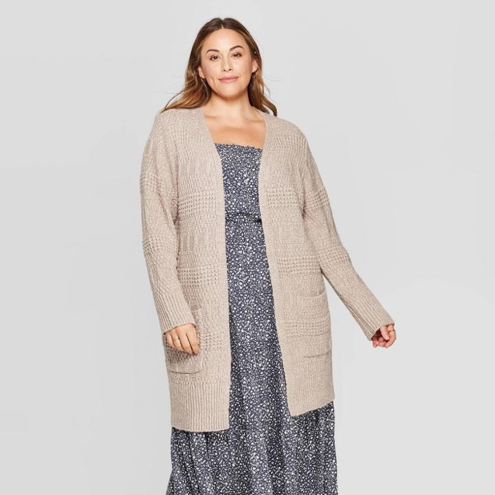 Women's Plus Size Long Sleeve Open Layering Textured Duster Cardigan - Universal Thread Taupe 1x, Size: