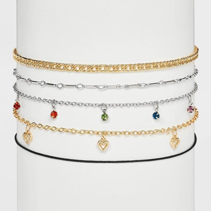 Hearts And Colored Stones Chain Choker Necklace Set 5ct - Wild Fable