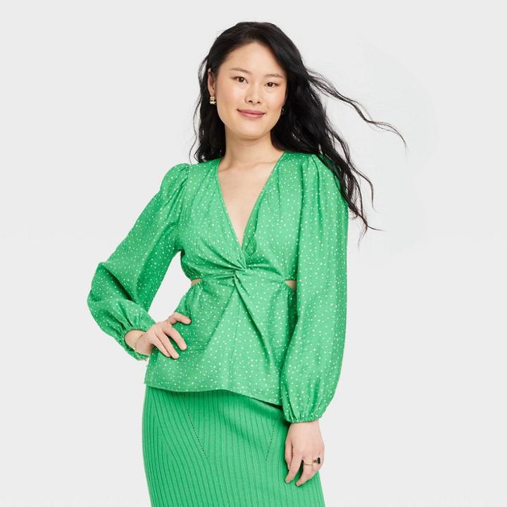 Women's Puff Long Sleeve V-neck Twist-front Top - A New Day Green/white Polka Dot