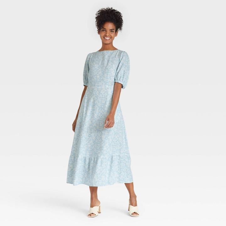 Women's Bishop Elbow Sleeve Tie-back Dress - Who What Wear Blue Floral