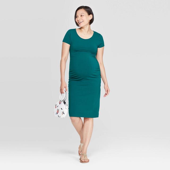 Maternity Short Sleeve Scoop Neck Shirred T-shirt Dress - Isabel Maternity By Ingrid & Isabel Teal Xxl, Women's, Blue