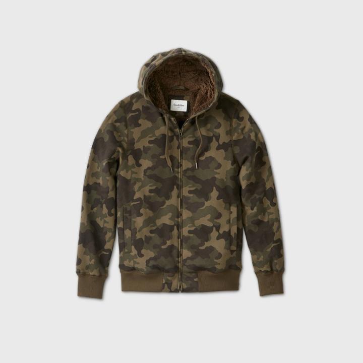 Men's Camo Print Sherpa Hooded Lined Fleece Jacket - Goodfellow & Co S,
