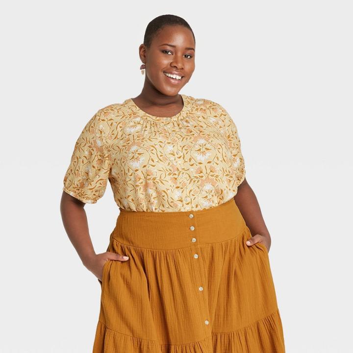 Women's Plus Size Floral Print Short Sleeve Button-front Blouse - Universal Thread Yellow