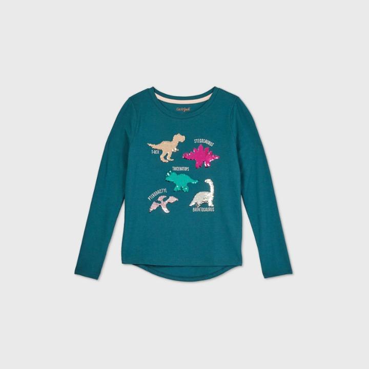 Girls' Long Sleeve Flip Sequin Dinosaurs T-shirt - Cat & Jack Teal