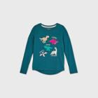 Girls' Long Sleeve Flip Sequin Dinosaurs T-shirt - Cat & Jack Teal