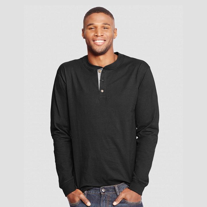 Hanes Men's Long Sleeve Beefy Henley Shirt - Black M,