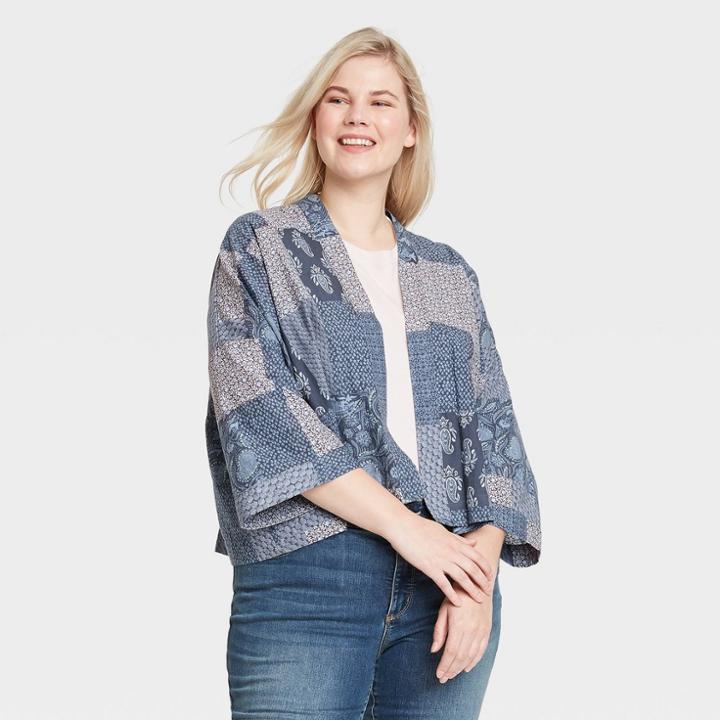 Women's Plus Size Patchwork Cropped Kimono Jacket - Universal Thread Navy