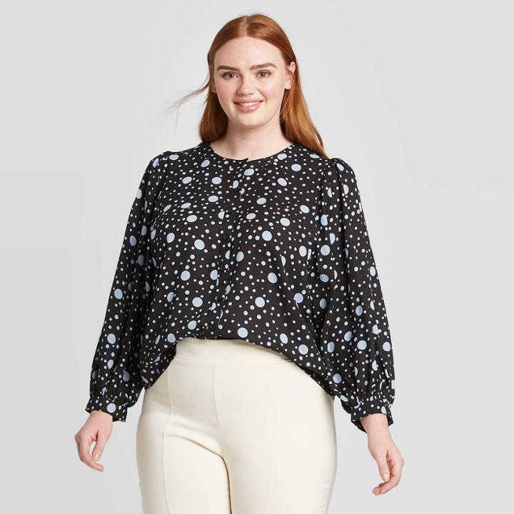 Women's Plus Size Polka Dot Balloon Long Sleeve Boat Neck Blouse - Who What Wear Black 1x, Women's,