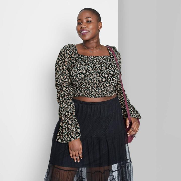 Women's Plus Size Floral Print Puff Long Sleeve Smocked Milkmaid Top - Wild Fable Black/gold