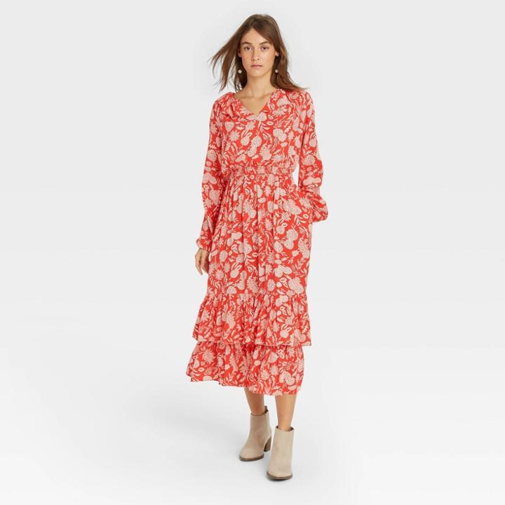 Women's Floral Print Balloon Long Sleeve Ruffle Collar Dress - Universal Thread Red