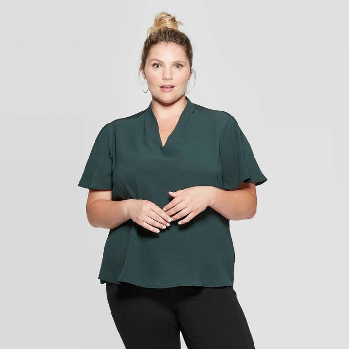 Women's Plus Size Flutter Short Sleeve V-neck Top - Ava & Viv Green 4x, Women's,