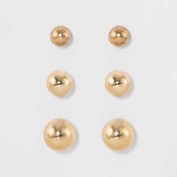 Target Women's Fashion Trio Stud Ball Earring - A New Day Gold, Bright Gold
