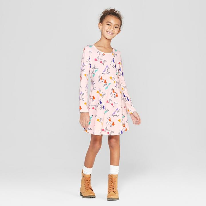 Girls' Long Sleeve Unicorn Print A Line Dress - Cat & Jack Pink