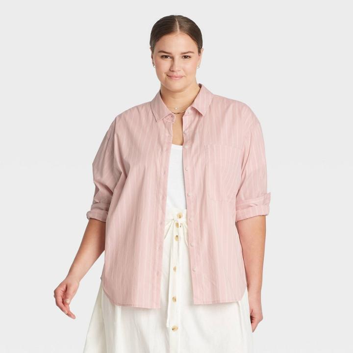 Women's Plus Size Striped Long Sleeve Button-down Boyfriend Shirt - A New Day Lilac